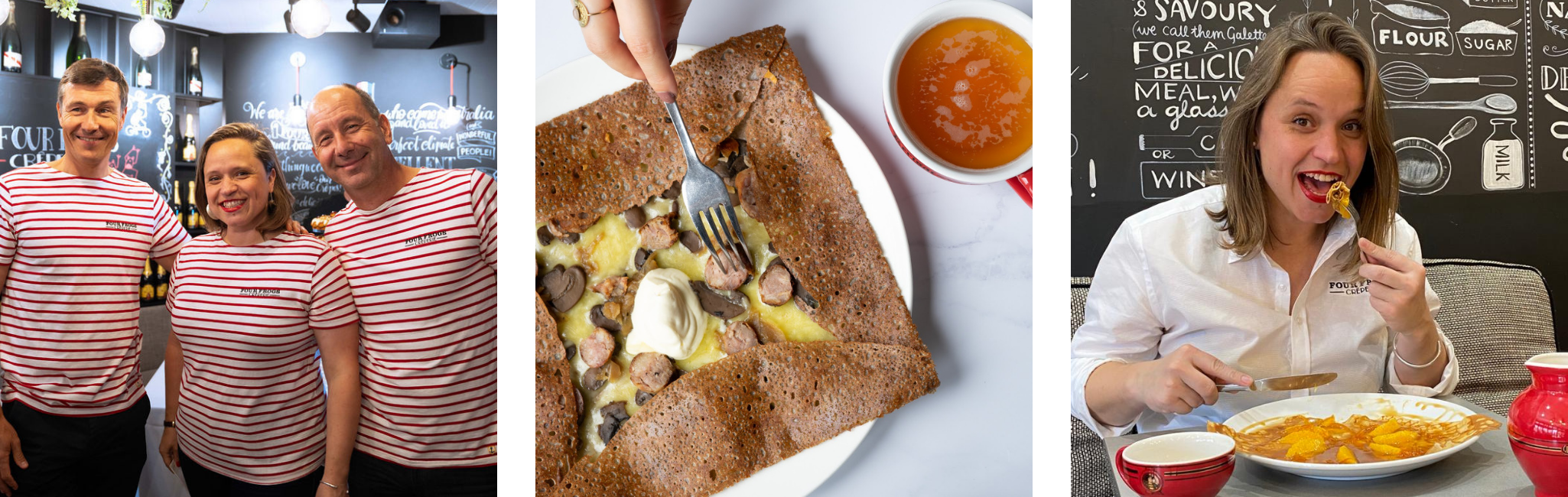 Four Frogs Crêperie about us page banner made of a photo of the 3 owners, Marianne Poirey, Laurent and Alex a photo of our la Bretonne Galette and of Marianne eating a Crêpe Suzette